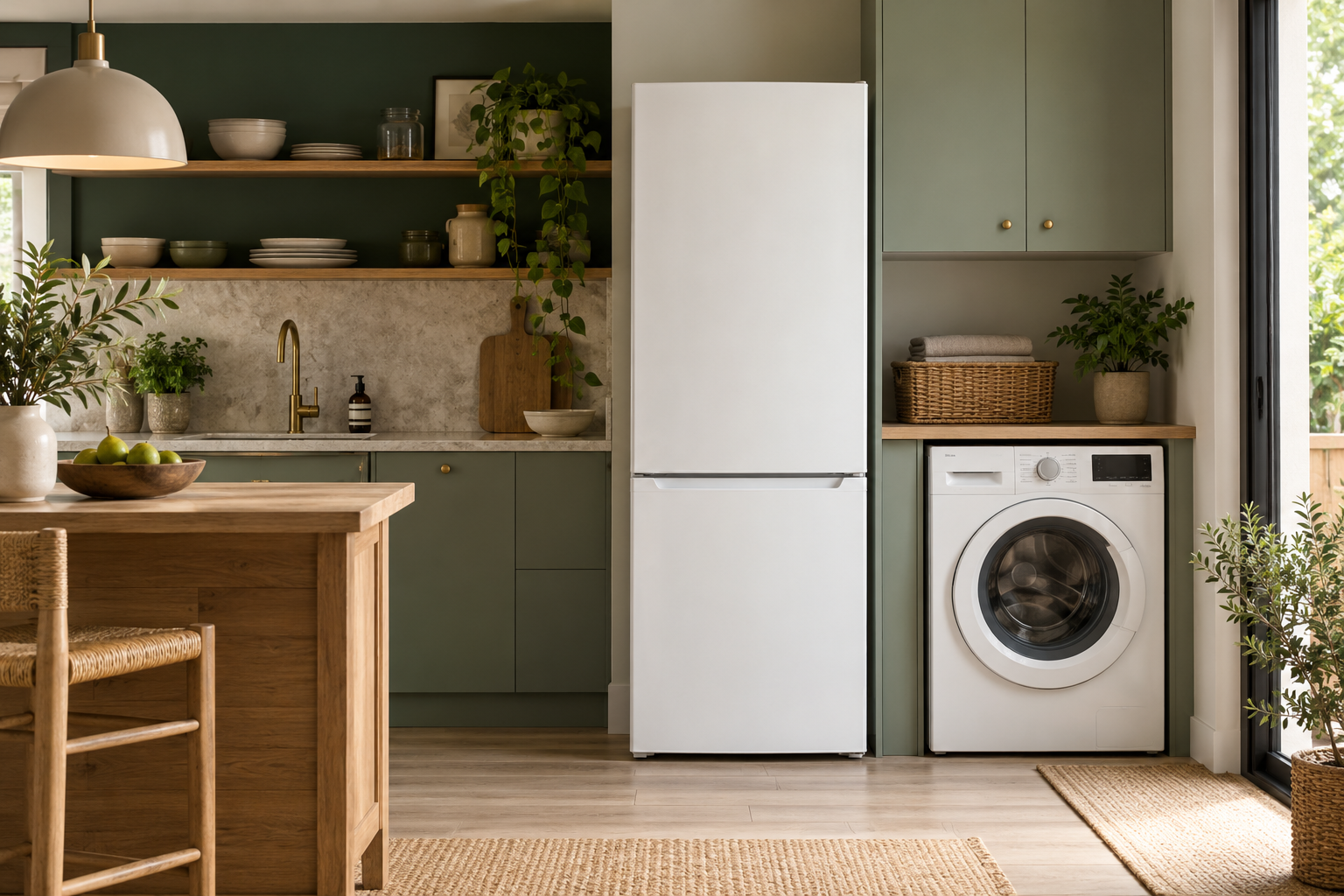 Ambiente de hogar con electrodomésticos blancos y cocina verde